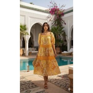 NWT Hale Bob Yellow Floral Retro 70s Boho Beach  Tropical Tiered Dress‎ S Cruise